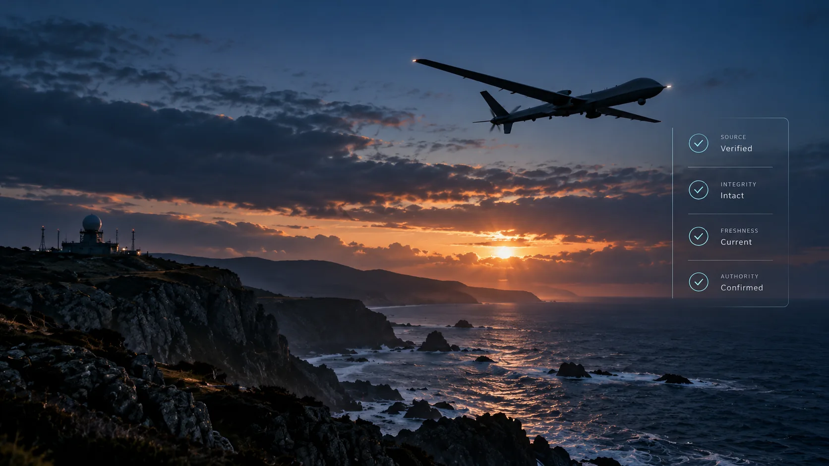 Cinematic coastal surveillance scene used in the illustrative feed demo