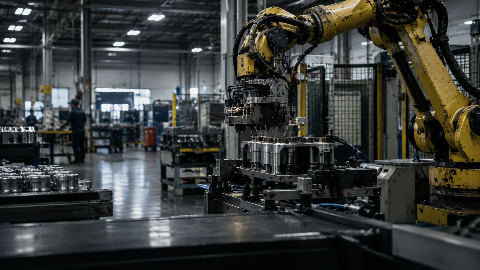 Industrial robotic manufacturing arm working among precision machinery in a factory