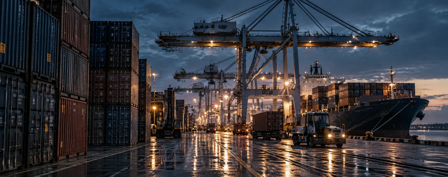 Rain-slick container terminal at blue hour with cargo ship, cranes, and logistics vehicles