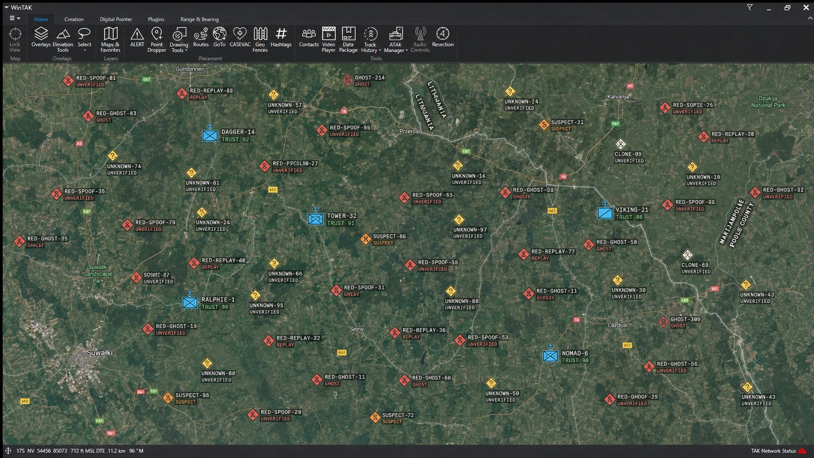 WinTAK scenario showing many red, yellow, and orange tracks marked spoofed, replayed, suspected, or unverified