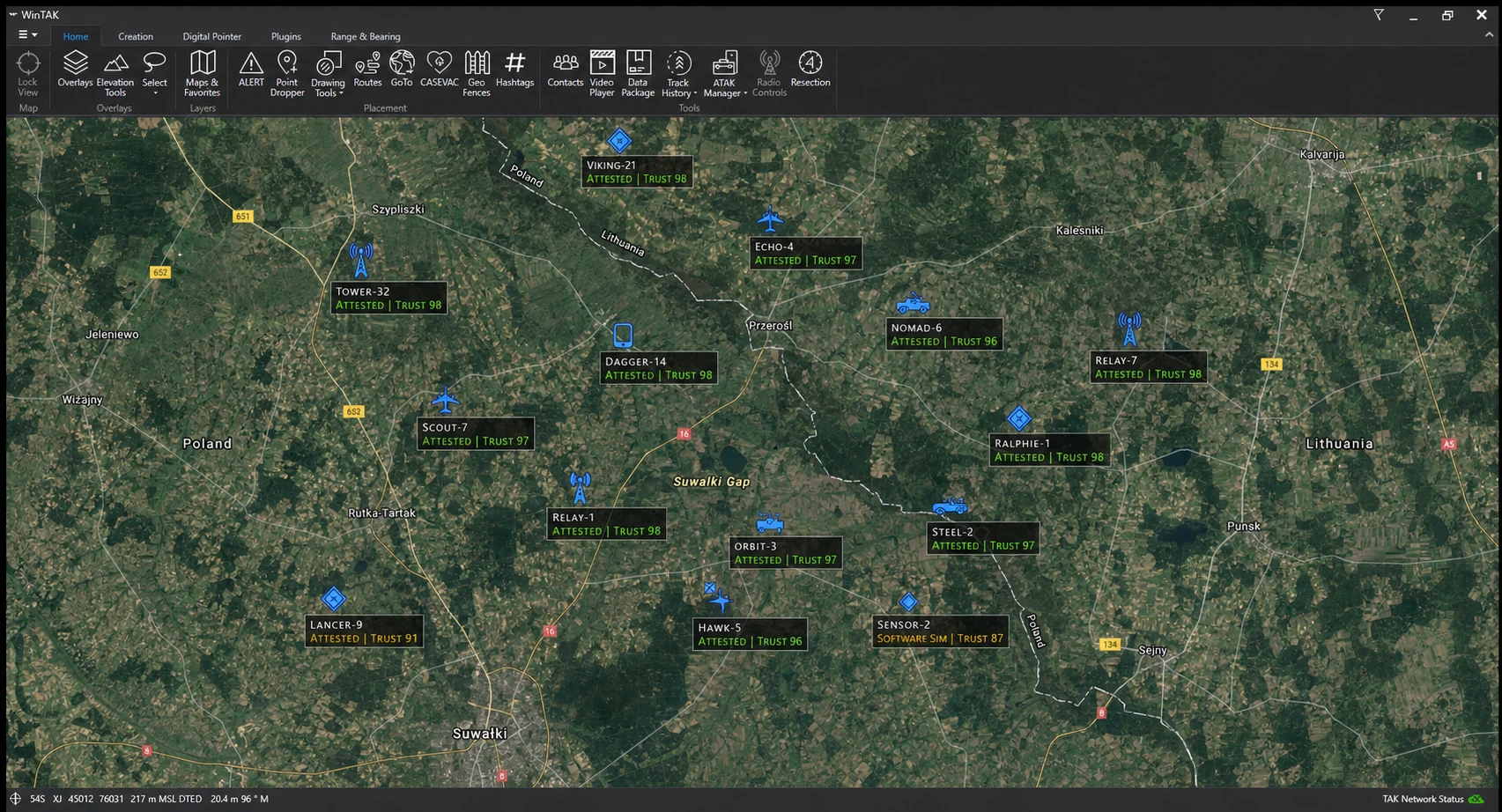 WinTAK scenario with a reduced set of attested tracks and visible trust scores